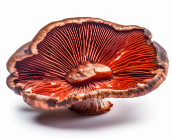 Reishi mushroom with key benefits highlighted: anti-inflammatory, anti-oxidant, and cellular health