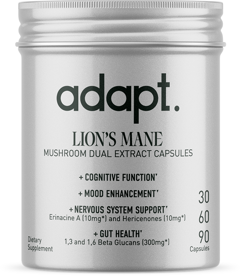 Lion's Mane is known for its potential to support brain health and cognitive function. Harness the power of Lion's Mane with Adapt's potency measured mushroom supplement. Experience enhanced focus, mental clarity, and greater memory retention with our high-quality Lion's Mane supplement. Every dose is verified to contain an active dose of 1,3 and 1,6 beta-glucans, hericenones, and erinacine A.