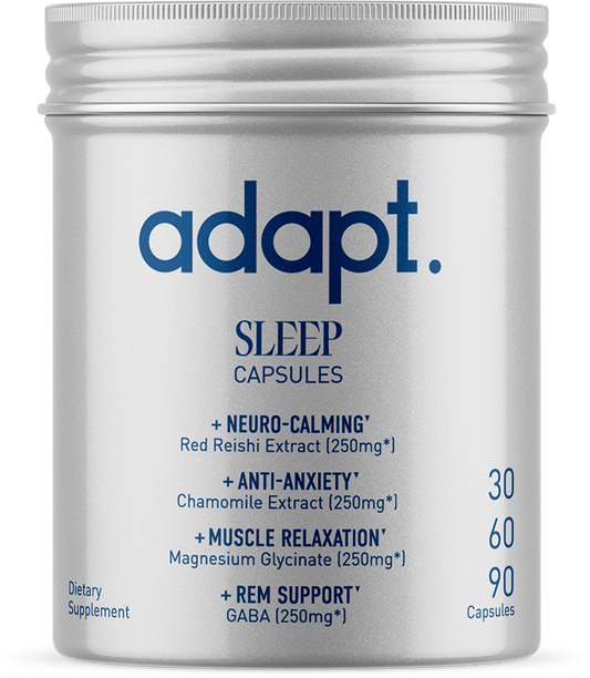 Discover what Adapt’s Sleep supplement can do to help the quality of your sleep. This supplement features our potency-measured Reishi mushroom concentrate along with other high-quality compounds that are thought to help promote a good night’s sleep, including gamma-aminobutyric acid (GABA), magnesium glycinate, and chamomile extract. Adapt’s Sleep supplement is designed to help you fall asleep faster and stay asleep, without feeling drowsy the next day.