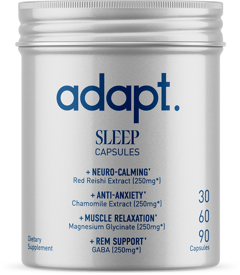 Discover what Adapt’s Sleep supplement can do to help the quality of your sleep. This supplement features our potency-measured Reishi mushroom concentrate along with other high-quality compounds that are thought to help promote a good night’s sleep, including gamma-aminobutyric acid (GABA), magnesium glycinate, and chamomile extract. Adapt’s Sleep supplement is designed to help you fall asleep faster and stay asleep, without feeling drowsy the next day.