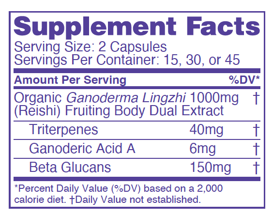 supplement facts panel for Reishi mushroom extract supplement