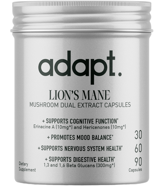 Lion's Mane is known for its potential to support brain health and cognitive function. Harness the power of Lion's Mane with Adapt's potency measured mushroom supplement. Experience enhanced focus, mental clarity, and greater memory retention with our high-quality Lion's Mane supplement. Every dose is verified to contain an active dose of 1,3 and 1,6 beta-glucans, hericenones, and erinacine A.