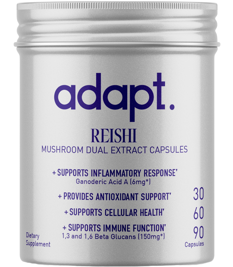 Reishi, also known as the "Mushroom of Immortality," has a long history of use in traditional medicine for its potential health-enhancing properties. Discover the benefits of Reishi with Adapt's potency measured products. Our Reishi supplements aim to support overall well-being, promote relaxation, and bolster the immune system. Every dose is verified to contain an active dose of ganoderic acid A, 1,3 and 1,6 beta-glucans, and adenosine. They are also known to contain sterols.†