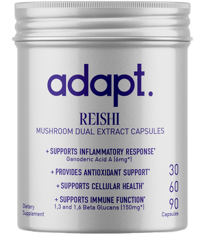 Reishi, also known as the "Mushroom of Immortality," has a long history of use in traditional medicine for its potential health-enhancing properties. Discover the benefits of Reishi with Adapt's potency measured products. Our Reishi supplements aim to support overall well-being, promote relaxation, and bolster the immune system. Every dose is verified to contain an active dose of ganoderic acid A, 1,3 and 1,6 beta-glucans, and adenosine. They are also known to contain sterols.†