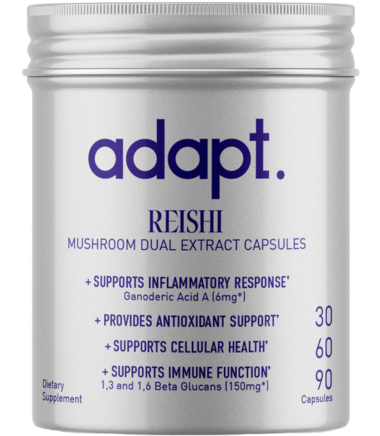 Reishi, also known as the "Mushroom of Immortality," has a long history of use in traditional medicine for its potential health-enhancing properties. Discover the benefits of Reishi with Adapt's potency measured products. Our Reishi supplements aim to support overall well-being, promote relaxation, and bolster the immune system. Every dose is verified to contain an active dose of ganoderic acid A, 1,3 and 1,6 beta-glucans, and adenosine. They are also known to contain sterols.†