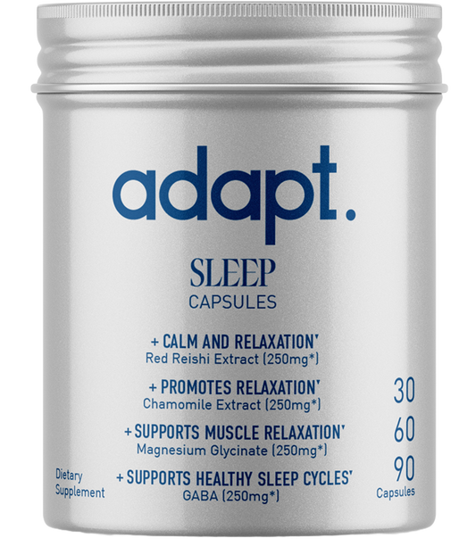 Discover what Adapt’s Sleep supplement can do to help the quality of your sleep. This supplement features our potency-measured Reishi mushroom concentrate along with other high-quality compounds that are thought to help promote a good night’s sleep, including gamma-aminobutyric acid (GABA), magnesium glycinate, and chamomile extract. Adapt’s Sleep supplement is designed to help you fall asleep faster and stay asleep, without feeling drowsy the next day.